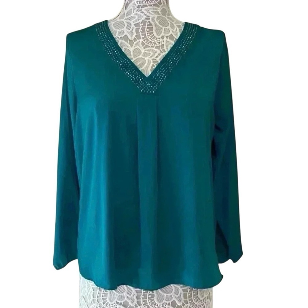 Emerald Green V-Neck Blouse With Rhinestones Size LP